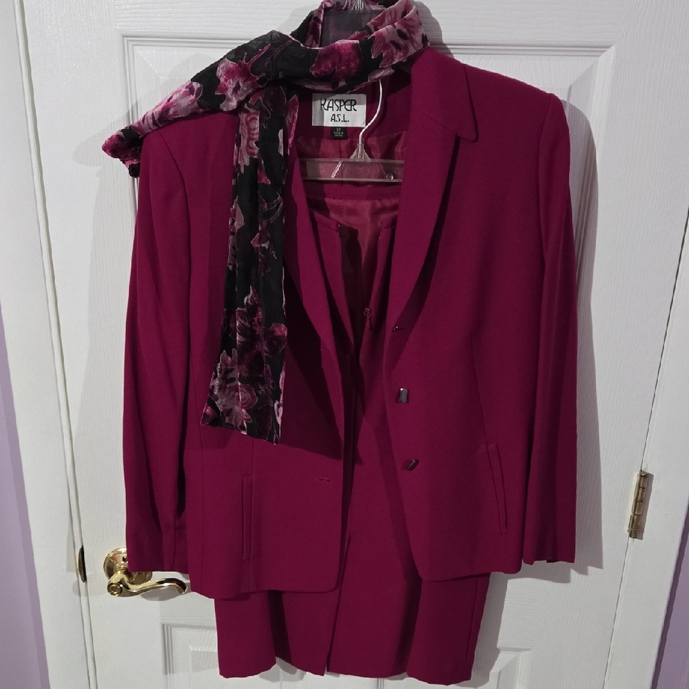 Women's Burgundy Blazer With Skirt And Scarf